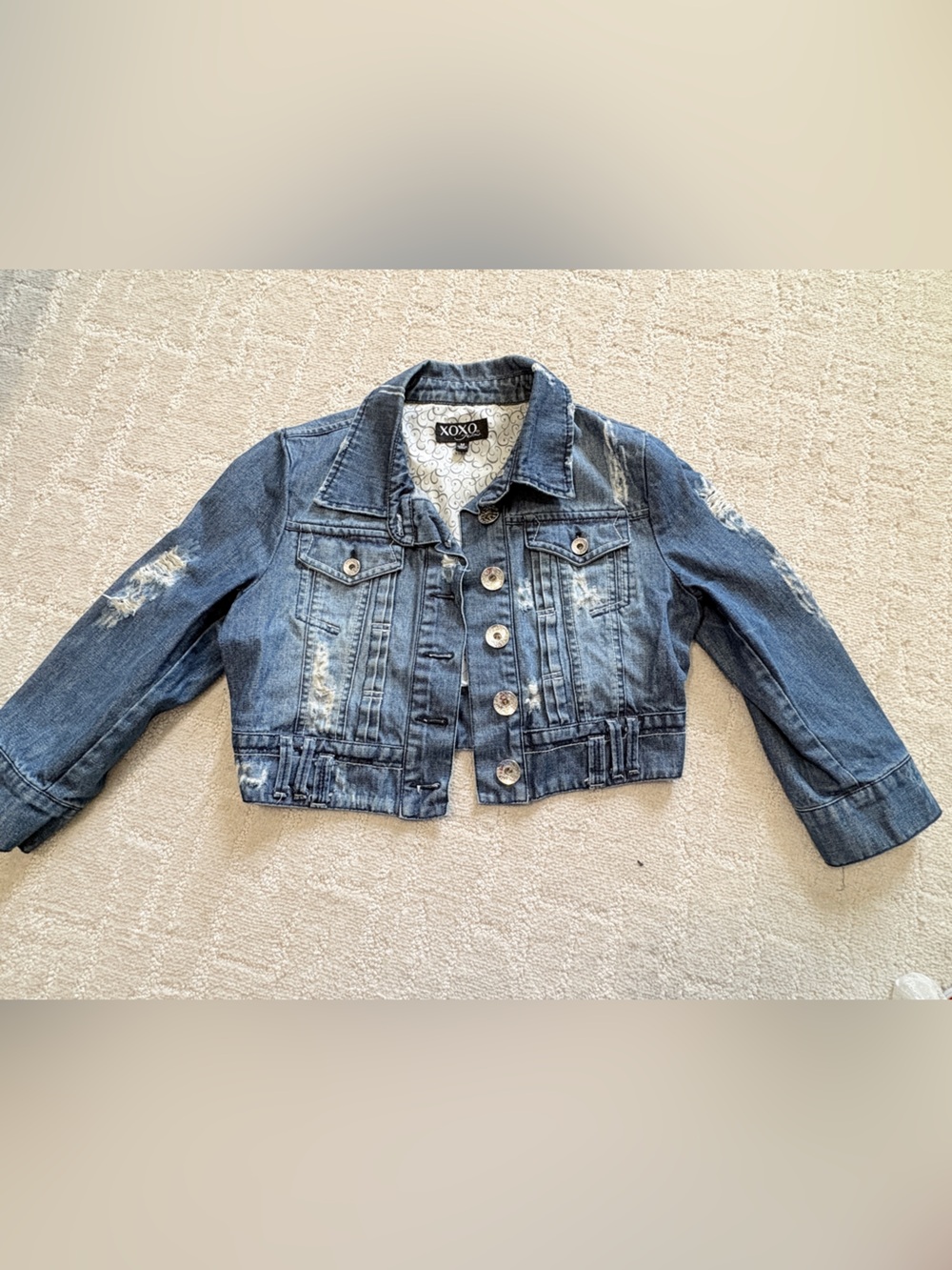 XOXO Blue Distressed Cropped Denim Jacket